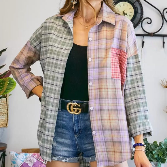 New Purple & Sage Plaid Flannel Button Down Pocket Shirt Small Medium Large - Picture 6 of 16